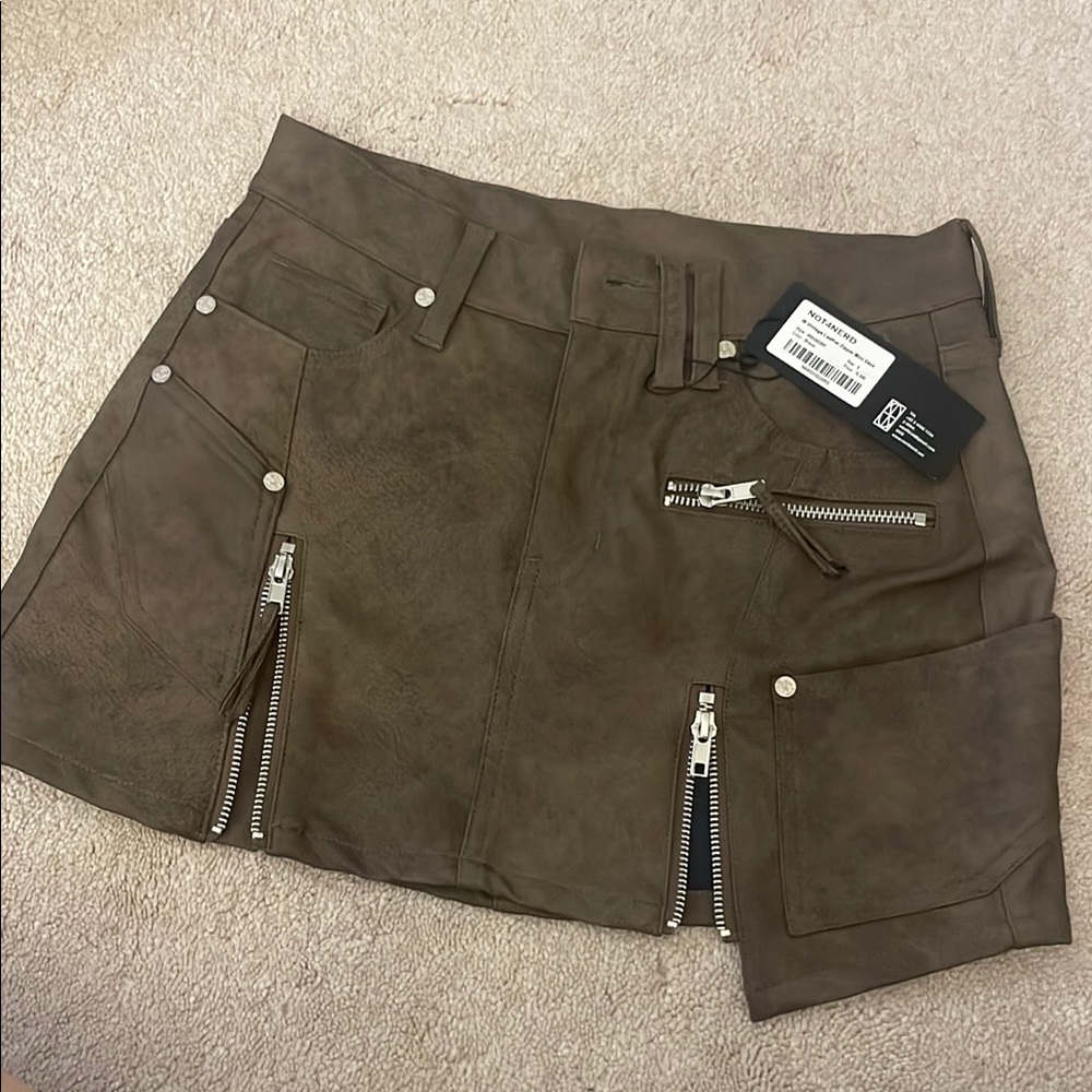 Not4Nerd Vintage Brown Leather Mini Skirt with Zipper Details